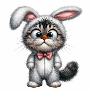May include: A grey and white cat wearing a grey bunny costume with pink ears and a pink bow tie. The cat has large blue eyes and a surprised expression.