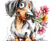 15 PNG Flower gift dog clipart – Dachshund PNG – Cute pet art for greeting cards, spring decor, printable crafts, dog lovers designs