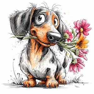 15 PNG Flower gift dog clipart – Dachshund PNG – Cute pet art for greeting cards, spring decor, printable crafts, dog lovers designs