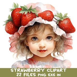 Paquete de 22 imágenes prediseñadas de niña fresa, conjunto de sombreros de frutas de verano, ilustración infantil vintage para sublimación y manualidades.