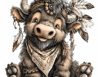 15 PNG Feather bull clipart – Cute highland cow PNG – Rustic animal for nursery decor, sublimation, kids crafts, printable wall art