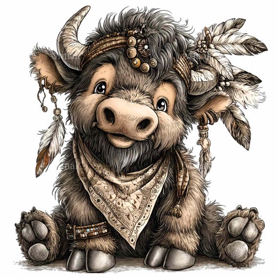 15 PNG Feather bull clipart – Cute highland cow PNG – Rustic animal for nursery decor, sublimation, kids crafts, printable wall art