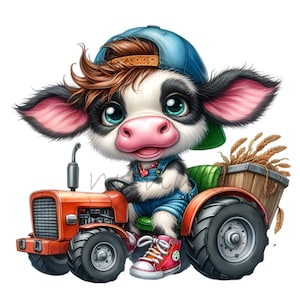Kuh Bauer mit Traktor Farm, 15 PNG lustige Cartoon Kinder Illustration Clipart, bedruckbar, DIY Kartenherstellung