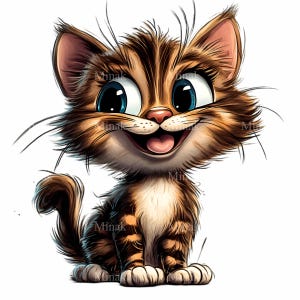 17 Adorable chaton PNG Clipart, joli chat duveteux avec de grands yeux bleus, dessin animé animal de compagnie art numérique, téléchargement immédiat