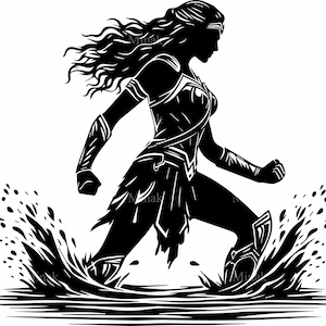May include: Black and white silhouette of a woman in a superhero costume, running through water with a splash of water behind her.