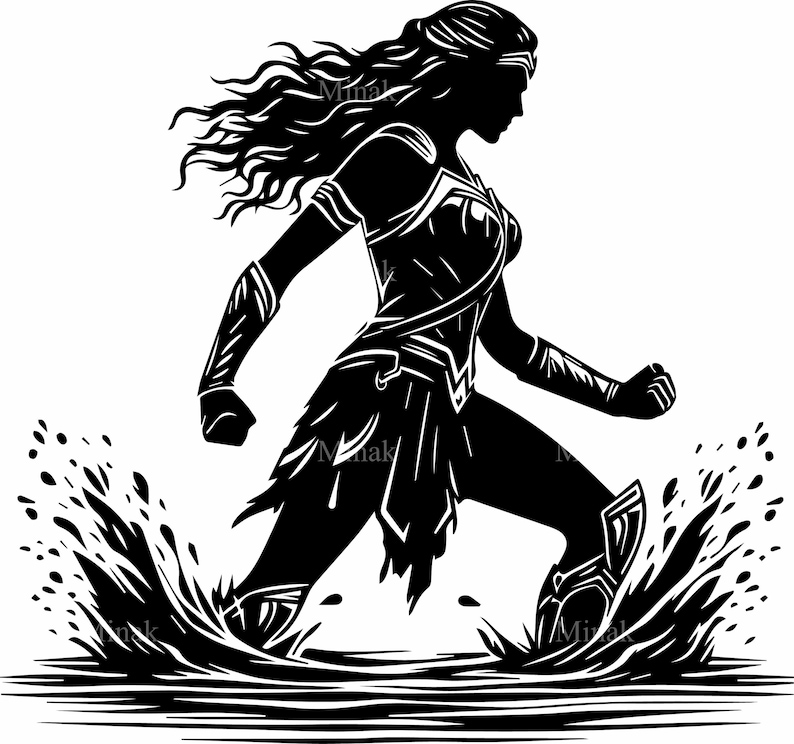 May include: Black and white silhouette of a woman in a superhero costume, running through water with a splash of water behind her.