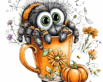 ハロウィーンのクモのコーヒーPNGクリップアート15点、不気味なカボチャの昇華プリント