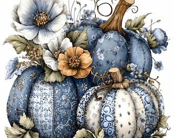 10 PNG bleu floral citrouille automne Clipart patchwork graphiques