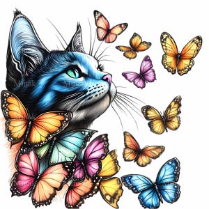 16 chat bleu avec des papillons PNG Clipart – essaim de papillons colorés en téléchargement numérique pour les amoureux des chats et les projets d'artisanat