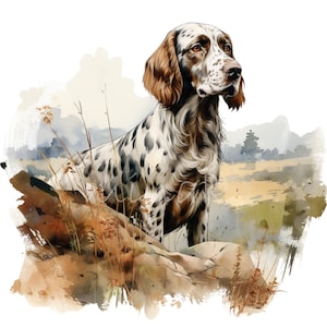 10 English Setter PNG Clipart - Hunting Dog in Scenic Landscape - Watercolor Digital Art Download