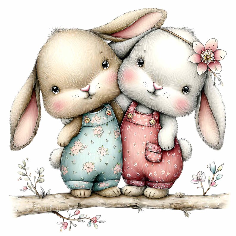 16 PNG Bunny Couple Clipart – Baby Rabbits Hug Illustration, Pastel ...
