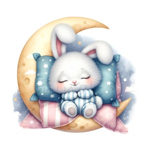 12 PNG Coniglietto addormentato sulla luna PNG Clipart, Simpatico coniglietto in pigiama, Arte per bambini con cielo notturno, Design a sublimazione di animali sognanti