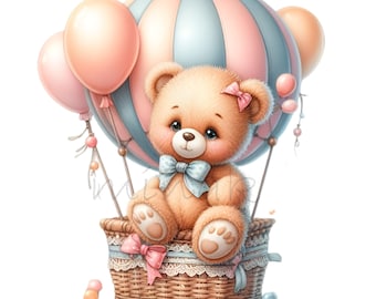 10 PNG Balon na ogrzane powietrze, pastelowy miś do pokoju dziecięcego, sublimacja na baby shower