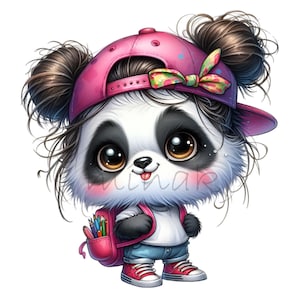 12 imágenes PNG de pandas adorables con gorra rosa, mochila y zapatillas. Ilustración de panda para la vuelta al cole, ideal para manualidades y decoración infantil.