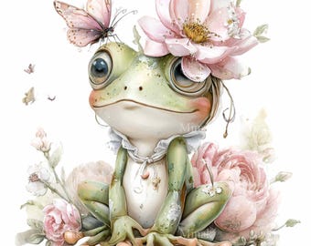 16 PNG Watercolor Frog – Floral Frog Illustration with Butterfly, Nursery Wall Art, Sublimation Design