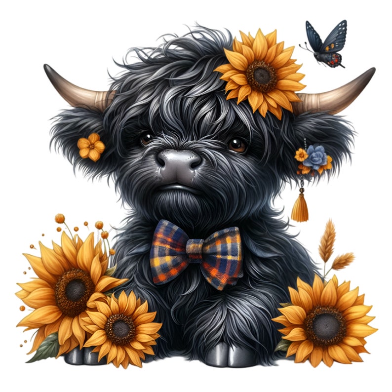 12 PNG Sunflower Highland Cow Clipart – Farm Calf Illustration With Bow ...