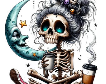 15 PNG Spooky coffee skeleton – Halloween PNG clipart – Gothic girl with bun and moon for dark humor crafts, mugs, and fall designs
