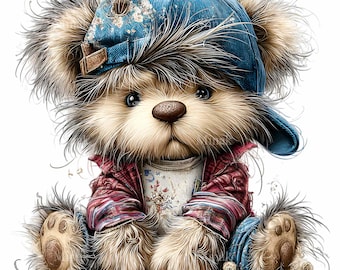 10 PNG Fluffy Bear Blue Cap Clipart, Plaid Shirt Vintage Animal Graphic