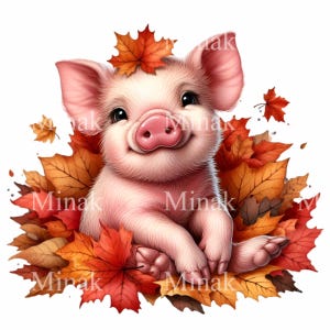 15 adorables imágenes PNG de cerdos otoñales, un lindo cerdito sentado entre hojas de otoño, arte digital de animales de granja