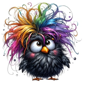 15 Uccelli arcobaleno PNG – Divertente uccello dei cartoni animati con piume colorate selvatiche – Clipart di animali stravaganti per lavoretti e decorazioni per bambini