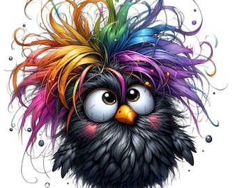15 Regenbogen Vogel PNG - Lustiger Cartoon-Vogel mit wilden bunten Federn - Schrullig Tier Clipart für Kinder Handwerk und Dekor