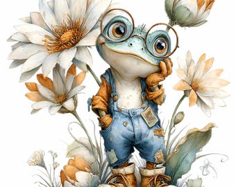 14 PNG Floral Frog Clipart – Cute Frog PNG with Glasses for Nursery Wall Art, Kids Room Decor, Baby Shower Invitation Design