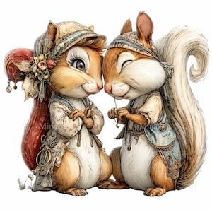 Könnte beinhalten: Eine skurrile Illustration von zwei anthropomorphen Eichhörnchen, die sich ansehen. Sie tragen Kleidung und Kopfbedeckungen im Vintage-Stil, eines hält einen kleinen Gegenstand. Weißer Hintergrund.