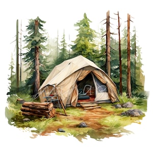 10 rustieke kampeertent png-clipart, boskampscène aquarel kunst, natuuravontuur digitale afbeelding, buitendecor