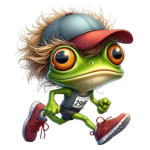 May include: A green frog wearing a blue baseball cap with a red brim, a red and white running shirt with the number 294, and red running shoes. The frog has brown hair and is running.