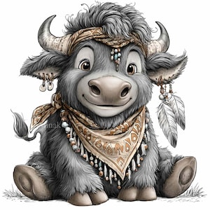 K&ouml;nnte beinhalten: Cartoon-Illustration eines grauen Bisons mit Bandana, Stirnband und Perlenkette. Das Bison l&auml;chelt und hat gro&szlig;e braune Augen. Es tr&auml;gt ein gemustertes Halstuch und Federn h&auml;ngen an seinem Ohr.