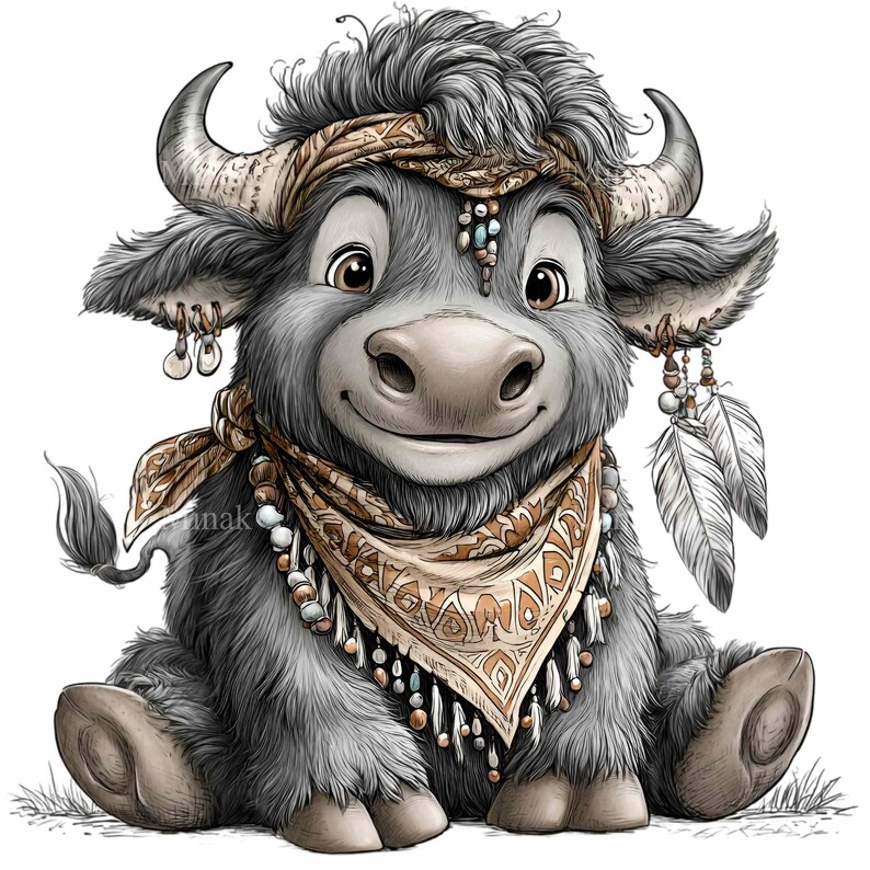 K&ouml;nnte beinhalten: Cartoon-Illustration eines grauen Bisons mit Bandana, Stirnband und Perlenkette. Das Bison l&auml;chelt und hat gro&szlig;e braune Augen. Es tr&auml;gt ein gemustertes Halstuch und Federn h&auml;ngen an seinem Ohr.
