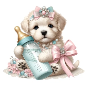 15 PNG Cucciolo di bambino PNG – Grazioso cagnolino che allatta con il biberon, con fiocco e perle – Animale neonato pastello per baby shower, inviti, decorazioni per la cameretta dei bambini
