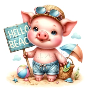 14 Clipart de cochon de plage PNG - été PNG mignon de porcelets - art animalier drôle pour des travaux manuels, des cartes, des t-shirts, des projets de sublimation de vacances