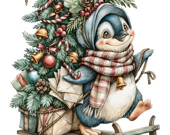 15 PNG Christmas Penguin Sled Winter Clipart Watercolor