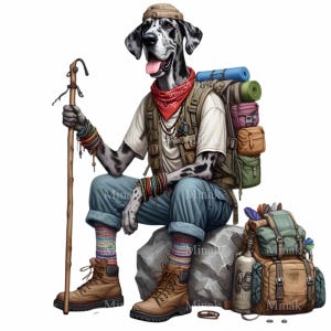 10 Wanderhund PNG Clipart, Deutsche Dogge mit Rucksack und Stock, Abenteuerhund Digitaler Download für Naturliebhaber