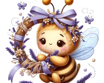 May include: A cute cartoon bee with a lavender wreath and blue wings. The bee is wearing a purple bow and has a happy expression.