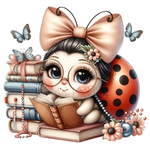 Clipart coccinella, ClipArt di libro di lettura, 12 PNG Insegnante di inglese, Biblioteca, Colori neutri, Creazione di cartoline, Sublimazione, Etichetta regalo, Diario spazzatura