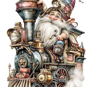 Pode incluir: Um gnomo com uma longa barba branca e um chapéu alto de retalhos multicolorido sentado dentro de uma locomotiva a vapor vintage. O trem apresenta uma grande chaminé, um farol dianteiro, um emblema de estrela e um limpa-trilhos de madeira.