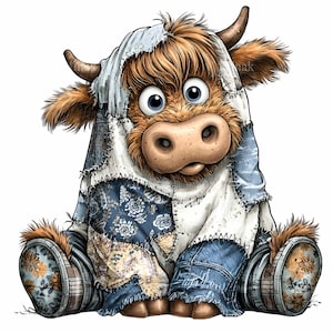 Pode incluir: Ilustração fantasiosa de uma vaca das Terras Altas com grandes olhos azuis, vestindo uma roupa de patchwork de jeans e tecidos estampados. A vaca tem pelo marrom, chifres pequenos e está sentada. A imagem tem um estilo de desenho animado.