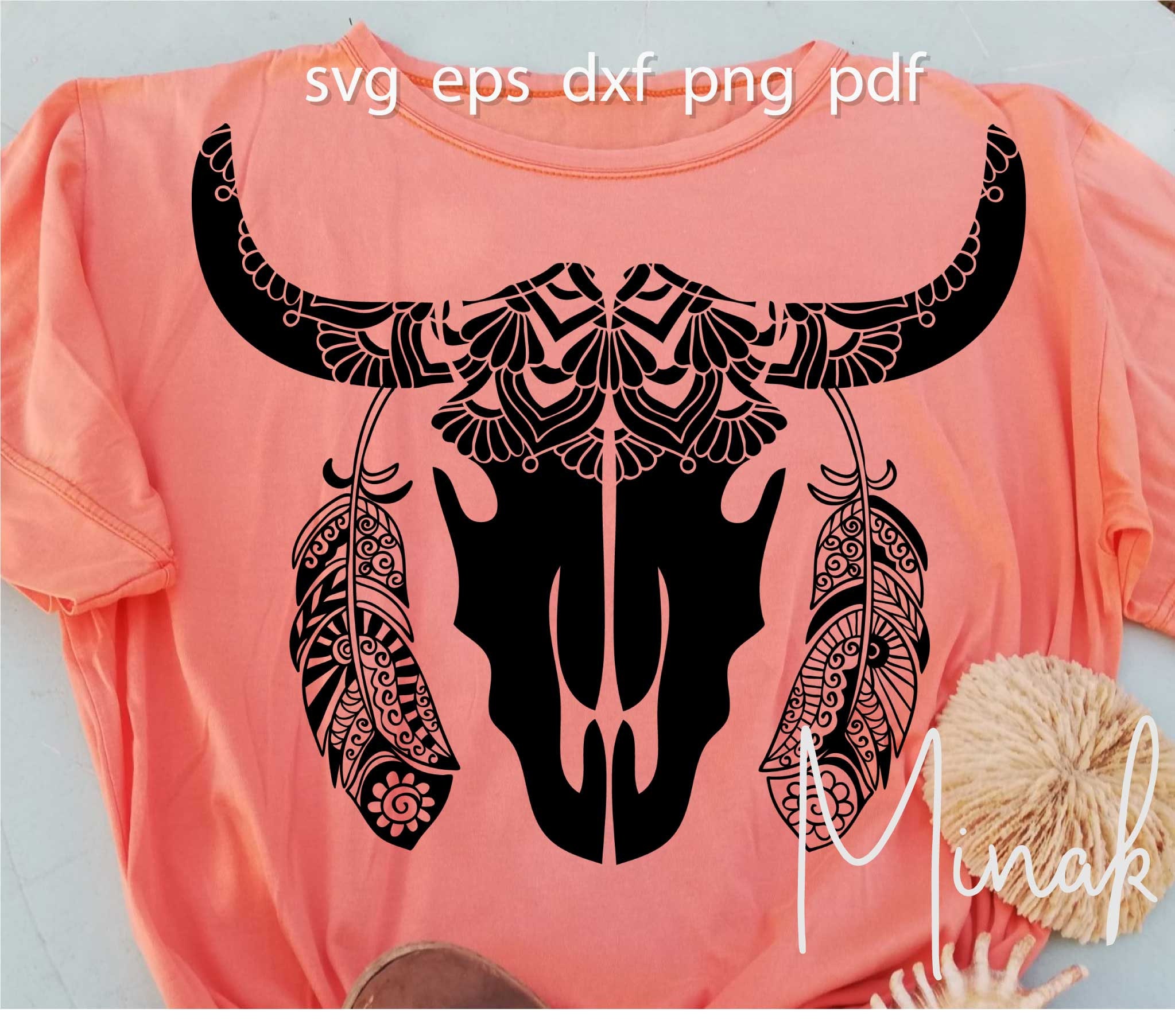 Mandala cow bull skull svg dxf with tribal feathers | Etsy
