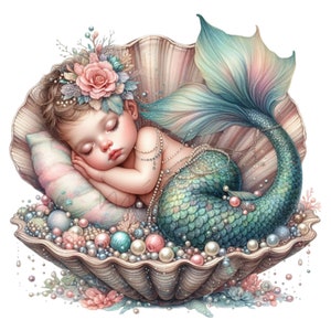 Clipart sirène, clipart coquillage, 10 PNG aquarelle conte de fées Clip Art, décoration de chambre d'enfant, Beach Party imprimable, fabrication de cartes aux couleurs pastel
