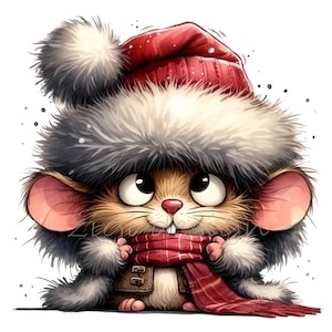 15 lindos ratones navideños PNG con gorro peludo y bufanda roja a cuadros para tarjetas de invierno, sublimación y decoración navideña para niños.
