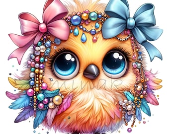 12 PNG Jeweled Baby Owl Colorful Bird Clipart Digital Download