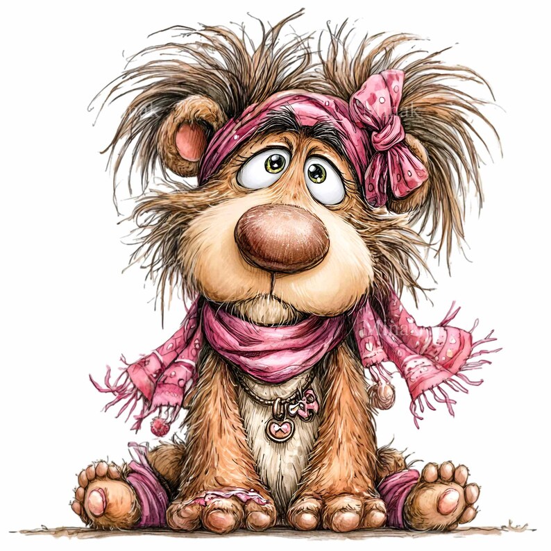 May include: A whimsical cartoon illustration of a bear-like creature with brown fur, wearing a pink scarf, headband, and bow. The bear has a large brown nose, big eyes, and a pendant necklace. The scarf has a fringe and the headband has a polka dot pattern.
