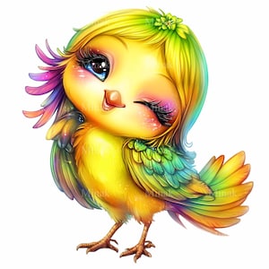 14 imágenes prediseñadas PNG de pájaros bebés coloridos para descargar en formato digital: lindo pájaro con plumas de arcoíris y arte floral