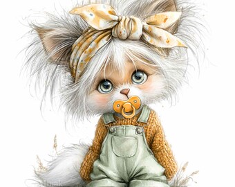 16 images clipart de chatons avec tétine (PNG) - Illustration d'animaux bébés en salopette - Design par sublimation
