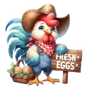 Imágenes Prediseñadas de huevos frescos de granja, 15 PNG acuarela signo de granja gallo Clip Art, fabricación de tarjetas de Pascua, baby shower de guardería, diario basura de viaje