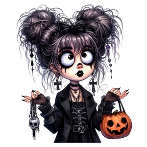 Spooky Halloween Girl Clipart PNG - 15 Gothic Kid mit Kürbis und Schädeln - Digital Download für Kunsthandwerk und Dekor