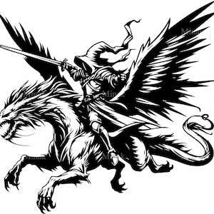 6 archivos SVG de jinete de dragón SVG de corte / Guerrero de fantasía con espada sobre bestia voladora Clipart para Cricut y Silhouette Crafts