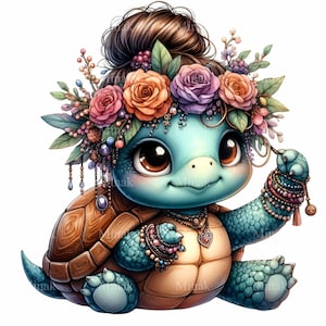 15 lindas tortugas con corona floral PNG Clipart, arte de tortuga bebé con joyas, adorable tortuga sentada descarga digital